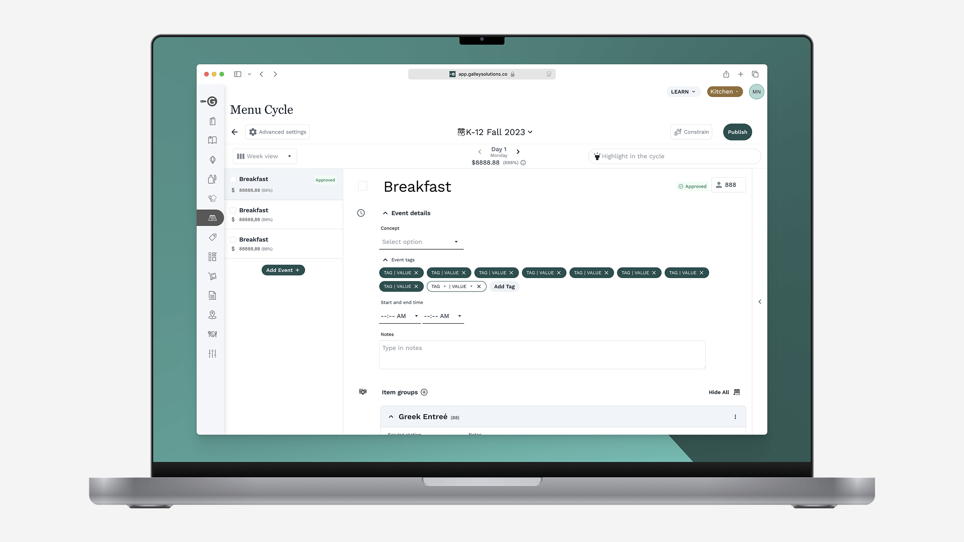 Menu planning workflow showing contextual data