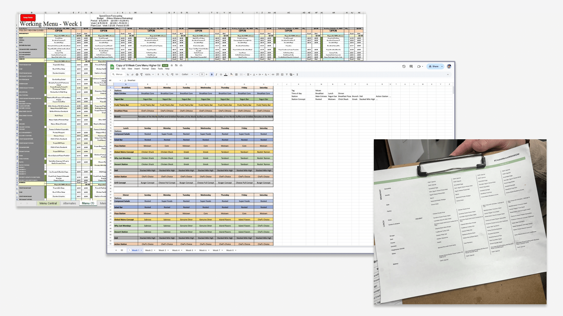 Traditional menu planning with spreadsheets and paper