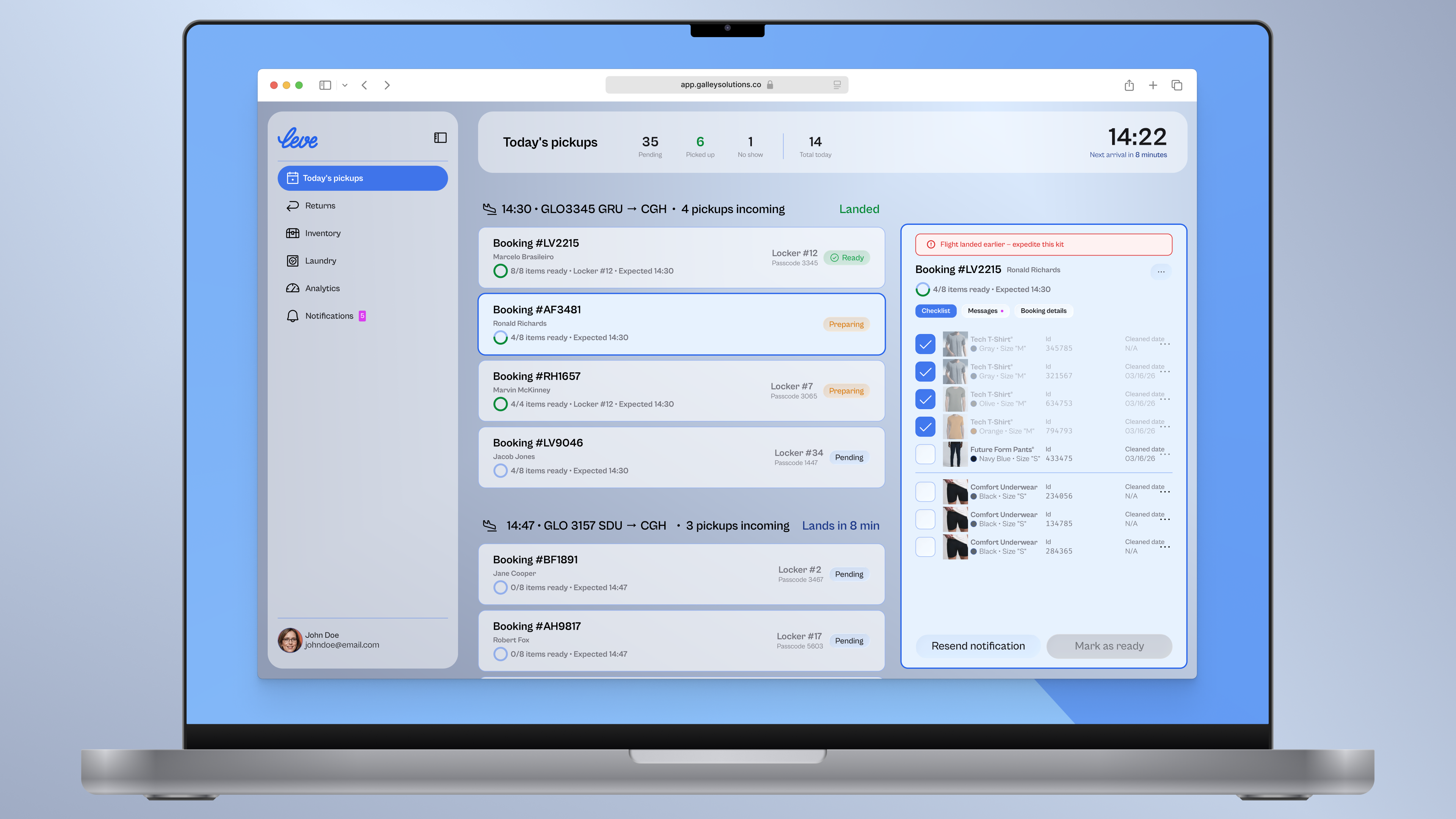 Leve operations dashboard — today's pickups, flight tracking, and locker assignments