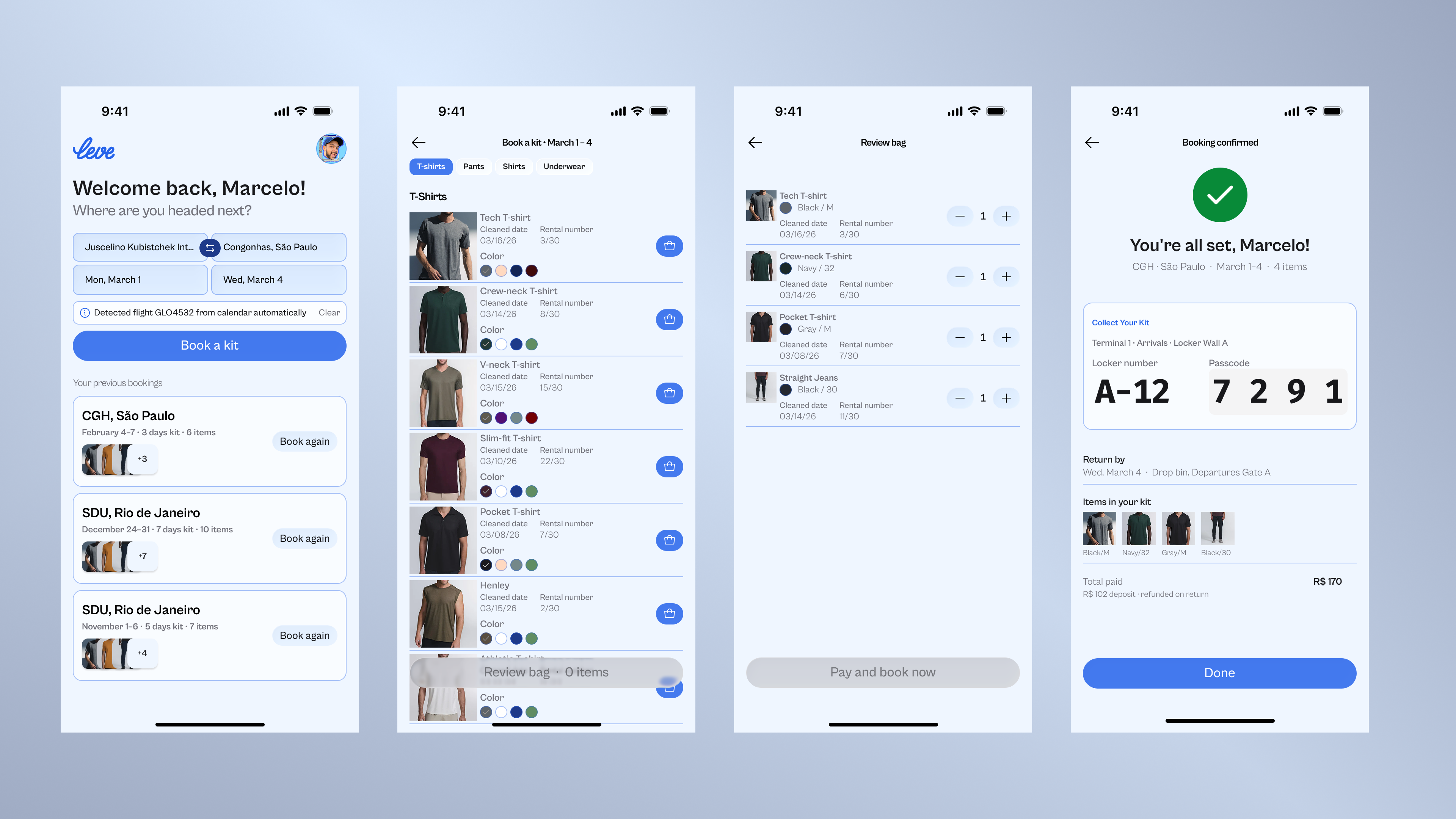 Leve app screens — home, item selection, bag review, and booking confirmation with locker code