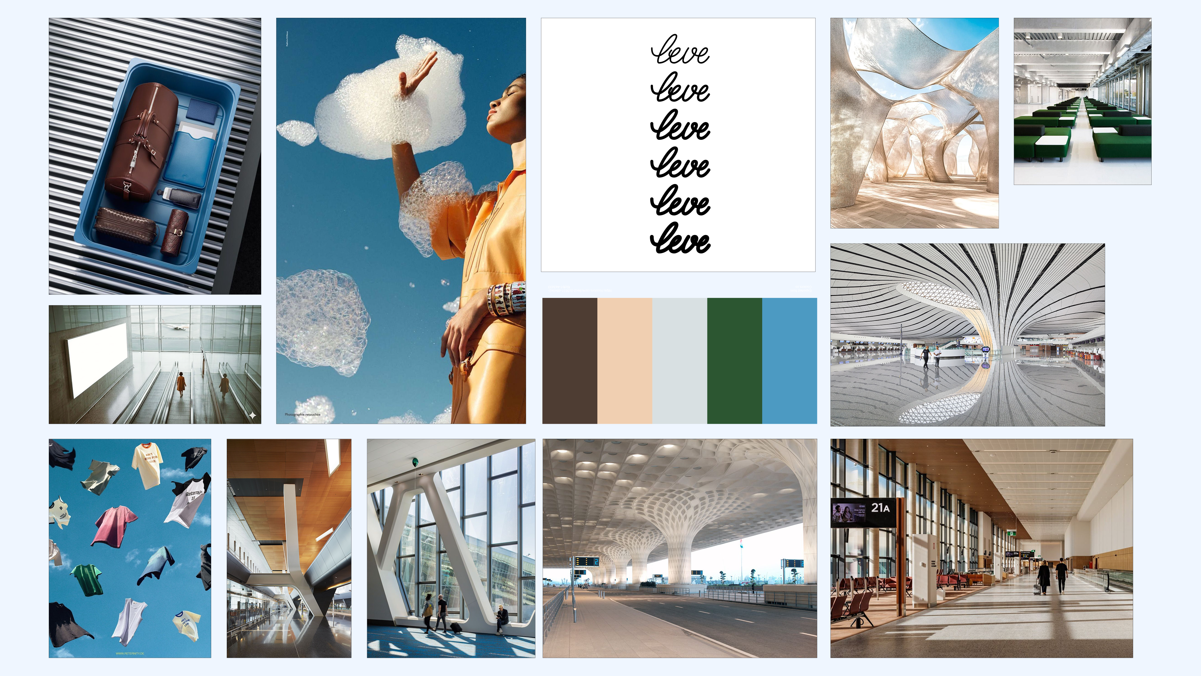 Leve brand moodboard — airport imagery, color palette, and logotype exploration
